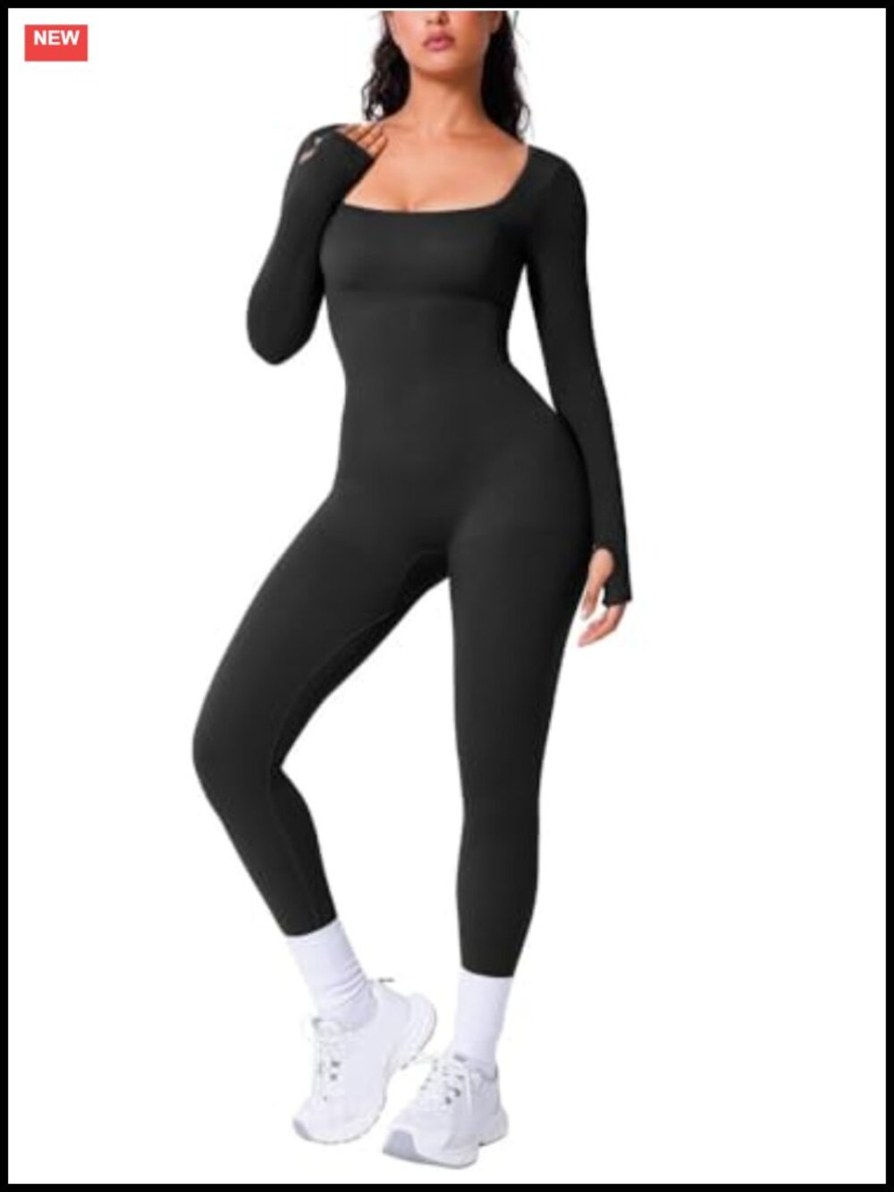 Women's Seamless Square Neck Long Sleeve Yoga Jumpsuit Bodycon Romper